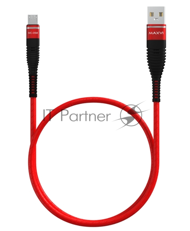 Кабель Maxvi MC-05M red USB-A - microUSB, 2A ток макс. нагрузки 2А, макс. напряжение 5V; стандарт USB 2.0; длина 1м, оплетка TPU, металлические корпуса разъемов, цвет красный
