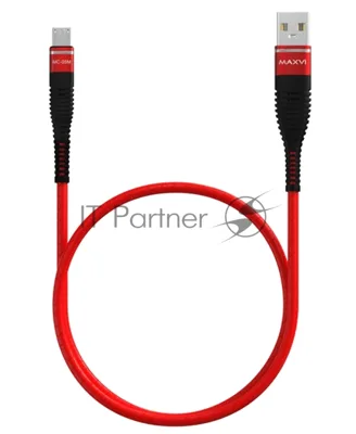 Кабель Maxvi MC-05M red USB-A - microUSB, 2A ток макс. нагрузки 2А, макс. напряжение 5V; стандарт USB 2.0; длина 1м, оплетка TPU, металлические корпуса разъемов, цвет красный