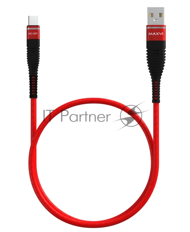 Кабель Maxvi MC-05T red USB-A - Type-C, 2A ток макс. нагрузки 2А, макс. напряжение 5V; стандарт USB 2.0; длина 1м, оплетка TPU, металлические корпуса разъемов, цвет красный