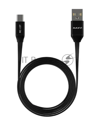 Кабель Maxvi MC-15T black, USB-A - Type-C, 2A ток макс. нагрузки 2А, макс. напряжение 5V; стандарт USB 2.0; плоский кабель, длина 1м, оплетка TPE, металлические корпуса разъемов, цвет черный