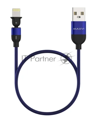 Кабель Maxvi MC-19L blue, USB-A - Lightning, 2.4A, LED ток макс. нагрузки 2.4А, макс. напряжение 5V; стандарт USB 2.0; длина кабеля 1.5м, нейлоновая оплетка, металлические корпуса разъемов,LED подсветка, цвет: синий