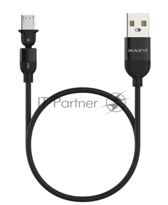 Кабель Maxvi MC-19M black, USB-A - microUSB, 2.4A, LED ток макс. нагрузки 2.4А, макс. напряжение 5V; стандарт USB 2.0; длина кабеля 1.5м, нейлоновая оплетка, металлические корпуса разъемов,LED подсветка, цвет: черный