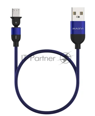 Кабель Maxvi MC-19M blue, USB-A - microUSB, 2.4A, LED ток макс. нагрузки 2.4А, макс. напряжение 5V; стандарт USB 2.0; длина кабеля 1.5м, нейлоновая оплетка, металлические корпуса разъемов, LED подсветка, цвет: синий