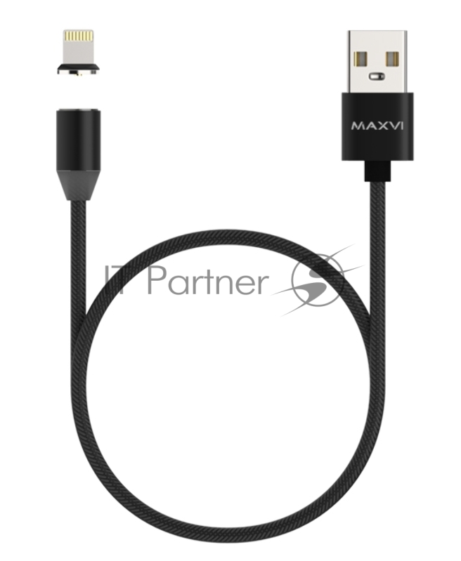 Кабель Maxvi MCm-01L black, USB-A - Lightning, 2A, магнитный разъем, LED ток макс. нагрузки 2А, макс. напряжение 5V; стандарт USB 2.0; длина 1м, нейлоновая оплетка, съемный магнитный коннектор, LED подсветка, черный с серыми вставками
