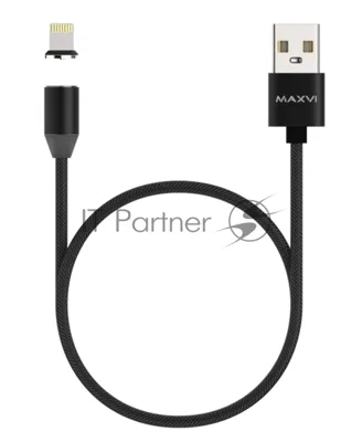 Кабель Maxvi MCm-01L black, USB-A - Lightning, 2A, магнитный разъем, LED ток макс. нагрузки 2А, макс. напряжение 5V; стандарт USB 2.0; длина 1м, нейлоновая оплетка, съемный магнитный коннектор, LED подсветка, черный с серыми вставками