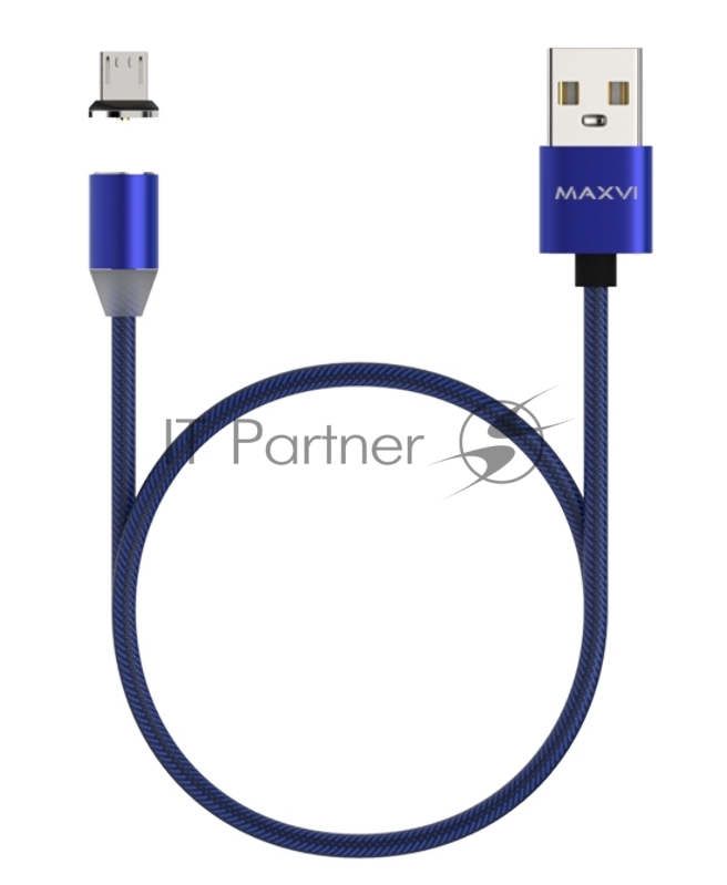 Кабель Maxvi MCm-01M blue, USB-A - microUSB, 2A, магнитный разъем, LED Описание: ток макс. нагрузки 2А, макс. напряжение 5V; стандарт USB 2.0; длина 1м, нейлоновая оплетка, съемный магнитный коннектор, LED подсветка, синий с черными вставками