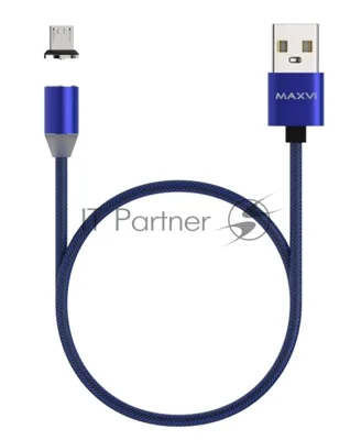 Кабель Maxvi MCm-01M blue, USB-A - microUSB, 2A, магнитный разъем, LED Описание: ток макс. нагрузки 2А, макс. напряжение 5V; стандарт USB 2.0; длина 1м, нейлоновая оплетка, съемный магнитный коннектор, LED подсветка, синий с черными вставками
