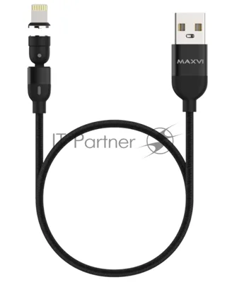 Кабель Maxvi MCm-02L black, USB-A - Lightning, 2A, магнитный разъем, LED ток макс. нагрузки 2А, макс. напряжение 5V; стандарт USB 2.0; длина 1.5м, нейлоновая оплетка, съемный магнитный коннектор, LED подсветка, черный