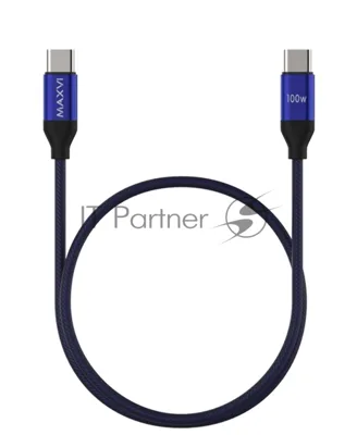 Кабель Maxvi MCw-100TT blue USB-C - USB-C, 5A разъемы USB-C - USB - C, Максимальная мощность 100W, ток макс. нагрузки 5А, макс. напряжение 20V;стандарт USB 3.1, длина 1.2м, нейлоновая оплетка, металлические корпуса разъемов, цвет синий.