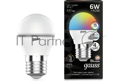Лампа светодиодная Gauss G45 6W E27 шар RGbW димирование LED 1/100