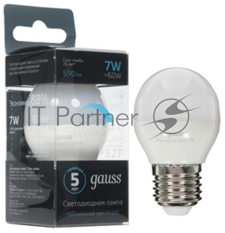 Лампа светодиодная Шар Gauss 7W 550lm 6500K Е27 шаг. диммирование LED