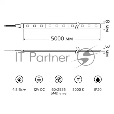 Лента светодиодная Gauss Elementary 2835 -SMD 4.8W 12V DC теплый белый IP20 (ZIP bag 5m)