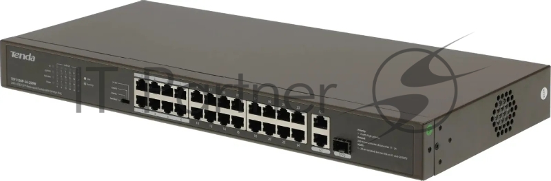 Коммутатор Tenda TEF1126P-24-250W, 24×100 Мбит/с PoE + 2×1 Гбит/с Uplink + 1×1 Гбит/с SFP Combo, неуправляемый