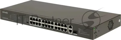 Коммутатор Tenda TEF1126P-24-250W, 24×100 Мбит/с PoE + 2×1 Гбит/с Uplink + 1×1 Гбит/с SFP Combo, неуправляемый