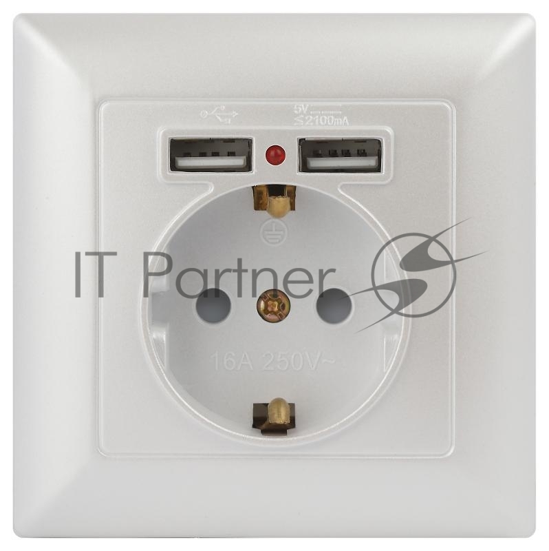 Розетка Intro Solo 4-410-06 с заземлением P+E Schuko со шторками, 16А-250В + 2хUSB, IP20, СУ, перламутр