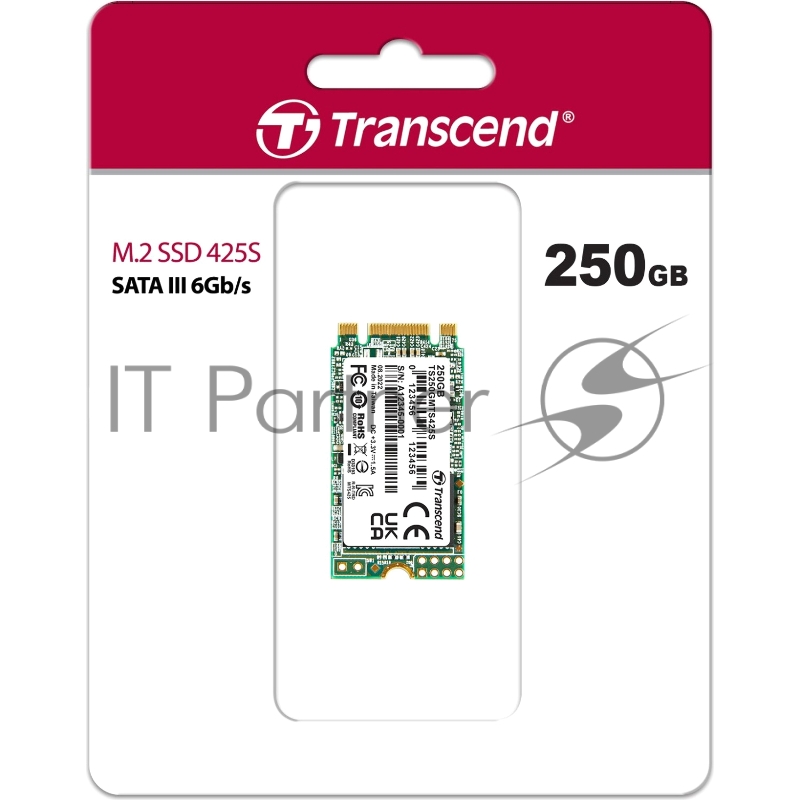 Накопитель SSD M.2 Transcend 250Gb MTS425 TS250GMTS425S (SATA3, up to 500/330MBs, 3D NAND, 90TBW, 22x42мм)