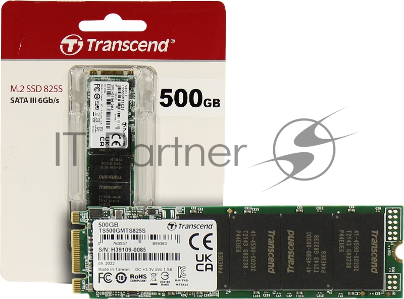 Накопитель SSD M.2 Transcend 500Gb MTS825 TS500GMTS825S (SATA3, up to 530/480MBs, 3D NAND, 180TBW, 22x80мм)