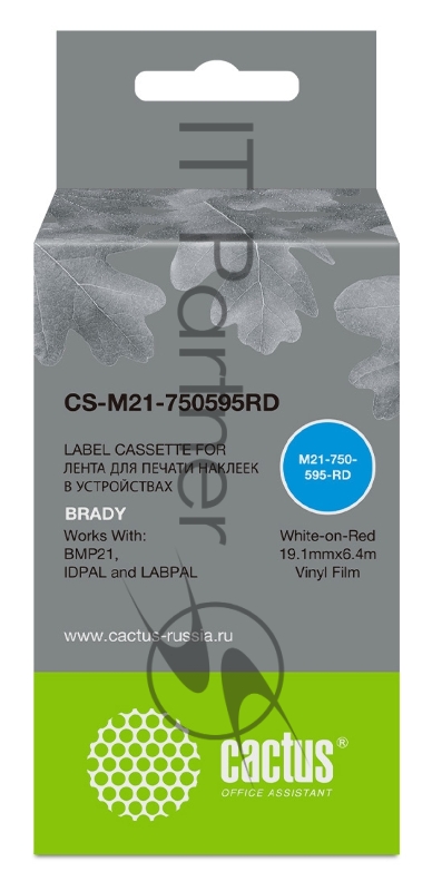 Картридж ленточный Cactus CS-M21-750595RD белый шрифт, красный фон (19.1 мм, 6.4 м) для Brady BMP21-PLUS, BMP21-LAB