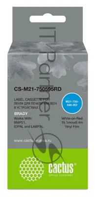 Картридж ленточный Cactus CS-M21-750595RD белый шрифт, красный фон (19.1 мм, 6.4 м) для Brady BMP21-PLUS, BMP21-LAB