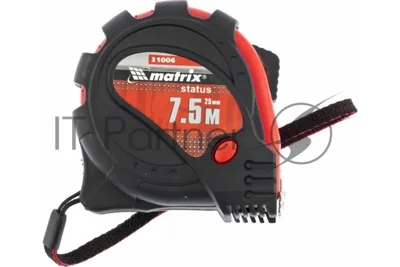 Рулетка Matrix Status magnet 3 fixations, 7,5 м х 25 мм, обрезиненный корпус, зацеп с магнитом
