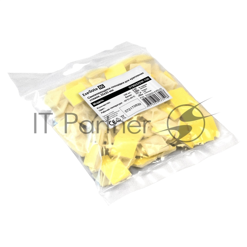 Самоклеющаяся площадка для крепления стяжек ExeGate EX293143RUS STM2525W-100 (25х25 мм, halogen free, -40°C - +85°C, белая, 100 шт)