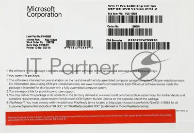 Операционная система OEM WIN 11 PRO 64B ENG 1PK FQC-10528 MS