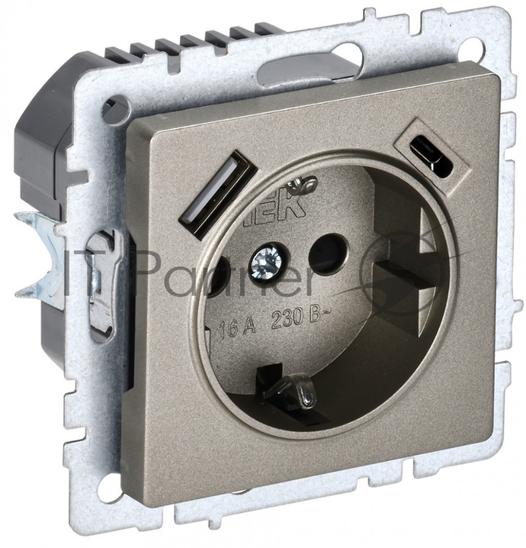Розетка 1-местная IEK BRITE РЮш11-1-БрШ (BR-R14-16-U22-018-K37) с заземлением, с защитными шторками, 16А, с USB A+C 18 Вт, шампань