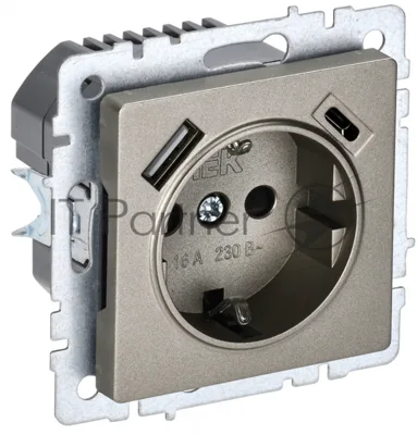 Розетка 1-местная IEK BRITE РЮш11-1-БрШ (BR-R14-16-U22-018-K37) с заземлением, с защитными шторками, 16А, с USB A+C 18 Вт, шампань