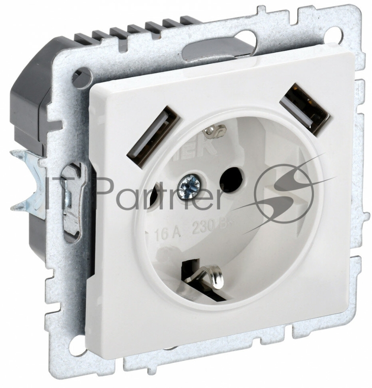 Розетка 1-местная IEK BRITE РЮш10-1-БрБ (BR-R14-16-U21-D21-K01) 16А, с USB A+A 2.1А, с заземлением с защитными шторками, белый