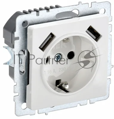 Розетка 1-местная IEK BRITE РЮш10-1-БрБ (BR-R14-16-U21-D21-K01) 16А, с USB A+A 2.1А, с заземлением с защитными шторками, белый