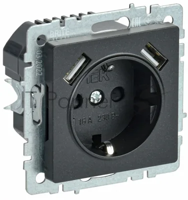 Розетка 1-местная IEK BRITE РЮш10-1-БрЧ (BR-R14-16-U21-D21-K02) 16А, с USB A+A 2.1А, с заземлением с защитными шторками, черный