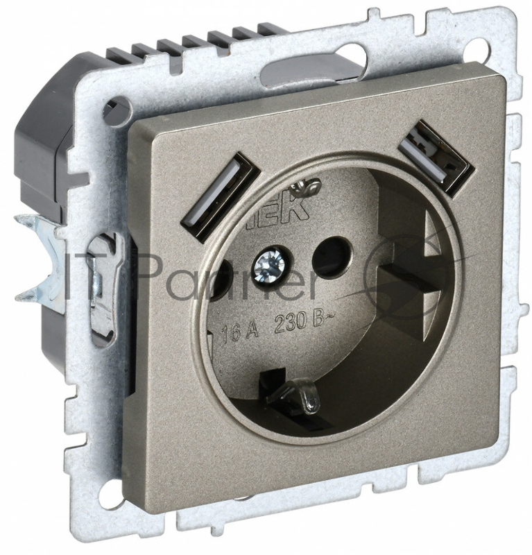 Розетка 1-местная IEK BRITE РЮш10-1-БрШ (BR-R14-16-U21-D21-K37) 16А, с USB A+A 2.1А, с заземлением, с защитными шторками, шампань