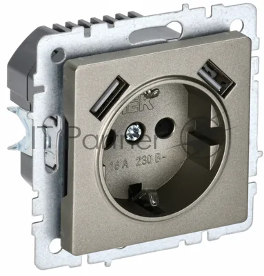 Розетка 1-местная IEK BRITE РЮш10-1-БрШ (BR-R14-16-U21-D21-K37) 16А, с USB A+A 2.1А, с заземлением, с защитными шторками, шампань