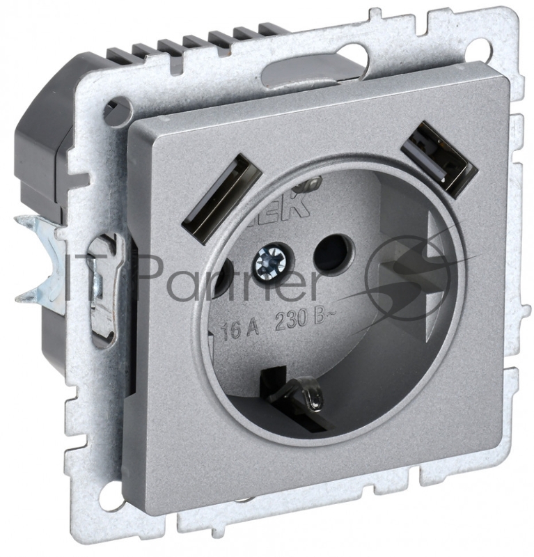 Розетка 1-местная IEK BRITE РЮш10-2-БрА (BR-R14-16-U21-D31-K47) с заземлением, с защитными шторками, 16А, с USB A+A 5В 3,1А, алюминий
