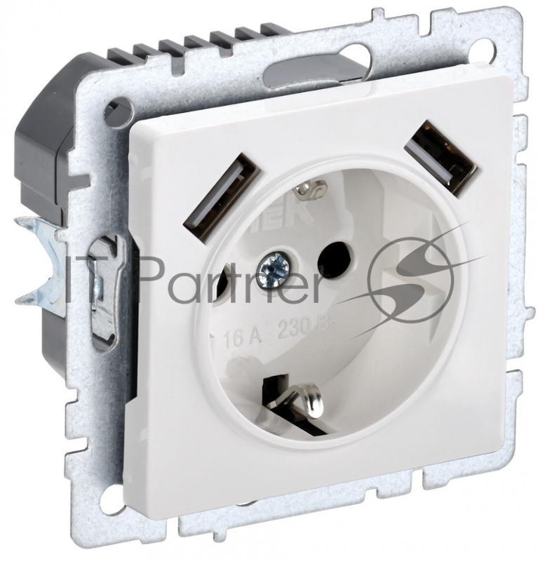 Розетка 1-местная IEK BRITE РЮш10-2-БрБ (BR-R14-16-U21-D31-K01) с заземлением, с защитными шторками, 16А, с USB A+A 5В 3,1А, белый