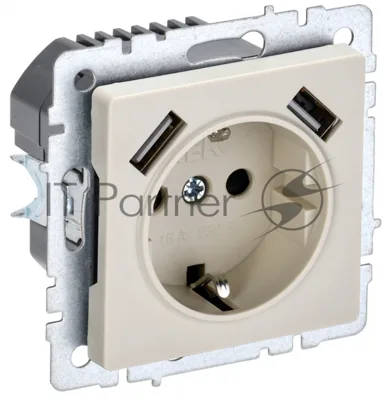 Розетка 1-местная IEK BRITE РЮш10-2-БрКр (BR-R14-16-U21-D31-K10) с заземлением, с защитными шторками, 16А, с USB A+A 5В 3,1А, бежевый