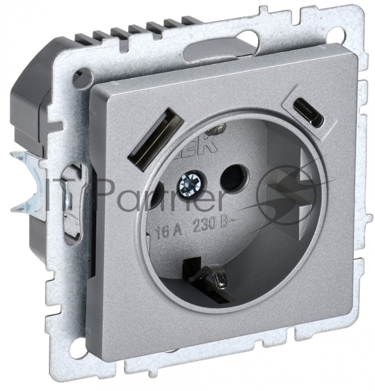 Розетка 1-местная IEK BRITE РЮш11-1-БрА (BR-R14-16-U22-018-K47) с заземлением, с защитными шторками, 16А, с USB A+C 18 Вт, алюминий