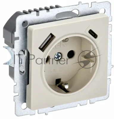 Розетка 1-местная IEK BRITE РЮш11-1-БрКр (BR-R14-16-U22-018-K10) с заземлением, с защитными шторками, 16А, с USB A+C 18 Вт, бежевый