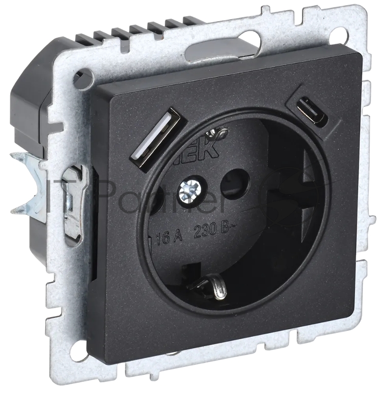 Розетка 1-местная IEK BRITE РЮш11-1-БрЧ (BR-R14-16-U22-018-K02) с заземлением, с защитными шторками, 16А, с USB A+C 18В т, черный