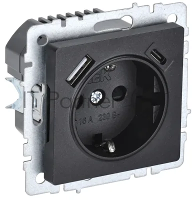 Розетка 1-местная IEK BRITE РЮш11-1-БрЧ (BR-R14-16-U22-018-K02) с заземлением, с защитными шторками, 16А, с USB A+C 18В т, черный