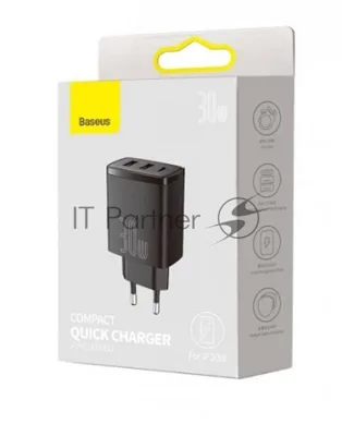 Сетевое зарядное устройство BASEUS Compact Quick Charger, два порта USB, один порт Type-C, 30W, 5V, 3.0A, черный