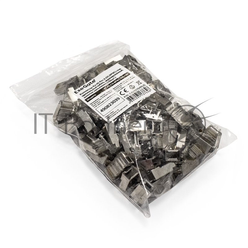 Коннектор ExeGate PL45-C5-8P8C-SH-100 RJ-45 cat.5e (8P8C) под одножильный кабель, экранированный, золотое напыление (100 шт)
