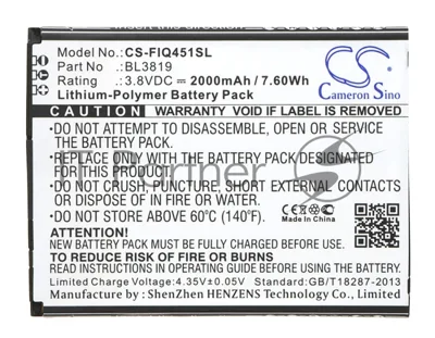 Аккумулятор CameronSino CS-FIQ451SL BL3819 для Fly IQ4514 Evo Tech 4 3.8V, 2000mAh, 7.60Wh
