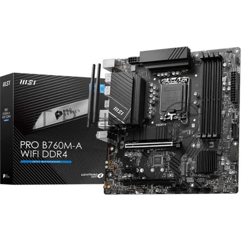 Материнская плата MSI PRO B760M-A WIFI DDR4, LGA1700, Intel B760, 4xDDR4, 4xSATA, 2xM.2, 2xPCIe x16, 1xPCIe x1, DisplayPort, HDMI, 1x2.5Gb LAN, 3x3.5 мм, 7.1, microATX