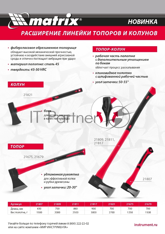 Колун Matrix, 2700 г, фибергласовое обрезиненное топорище 700 мм