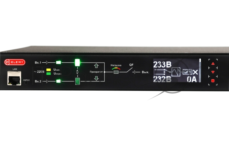Автоматический ввод резерва ELEMY RACK ATS, 1U, 220В, 32А, OLED, Ethernet, in (2) IEC309, out (2) C19 (9) C13