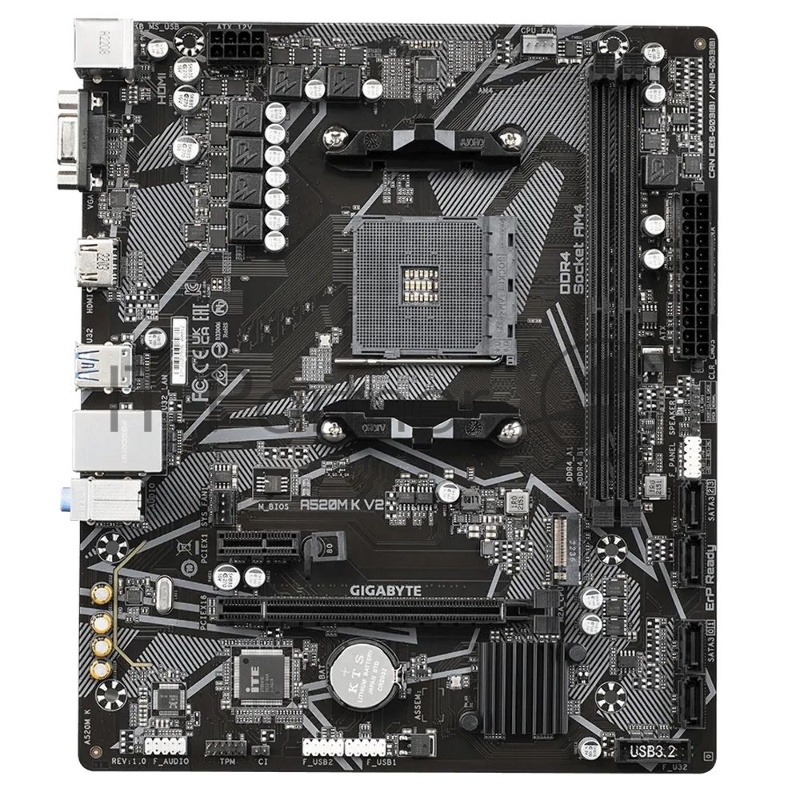 Материнская плата GIGABYTE A520M K V2, AM4, AMD A520, 2xDDR4, 4xSATA, 1xM.2, 1xPCIe 3.0 x16, HDMI, D-Sub, 1x1Gb LAN, 3x3.5 мм, 7.1, microATX