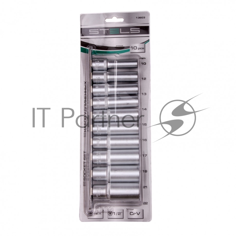 Набор удлиненных торцевых головок 1/2", 6-ти гр., CrV, 10шт., 10-22мм Stels
