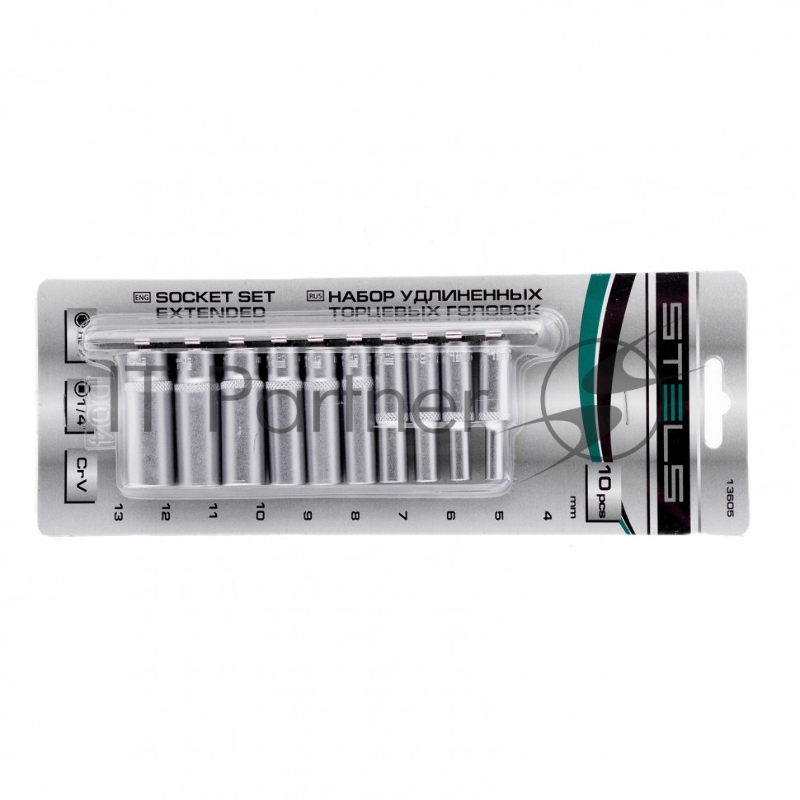 Набор удлиненных торцевых головок Stels 1/4", 6-ти гр., CrV, 10шт., 4-13 мм