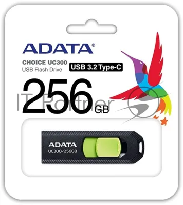 Флешка USB ADATA UC300 (ACHO-UC300-256G-RBK/GN), 256Gb, Type-C USB 3.2, R/W 100/30, черный/зеленый